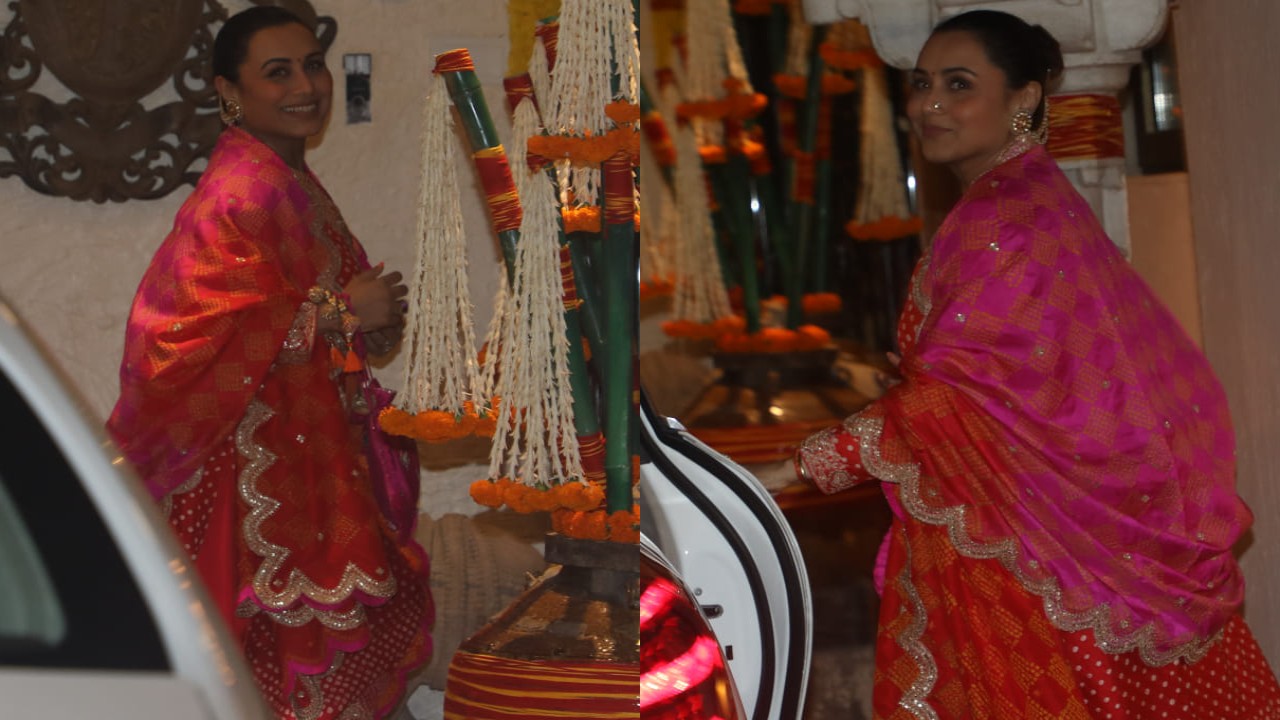 Rani Mukerji repeats her red and pink bandhani dress as she celebrates Karwa Chauth 2024 ( PC: Viral Bhayani) Rani Mukerji repeats her red and pink bandhani dress as she celebrates Karwa Chauth 2024