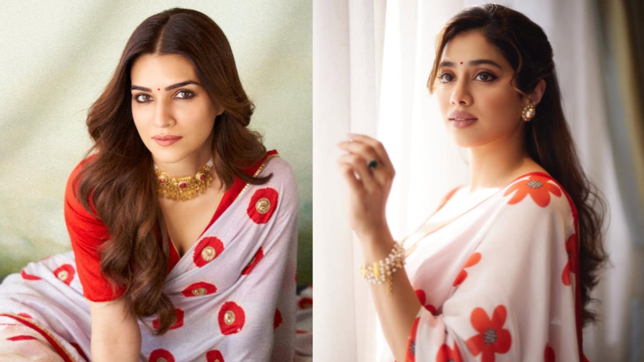 Janhvi Kapoor VS Kriti Sanon Fashion Face-off: Who pulled off white and red saree with retro touch better? PC: TEJAS NERURKAR Vansh Virmani Janhvi Kapoor and Kriti Sanon